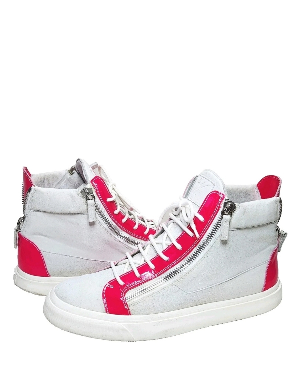GIUSEPPE ZANOTTI White Suede Neon Pink Patent Leather Sz 44/11 High Top Trainers